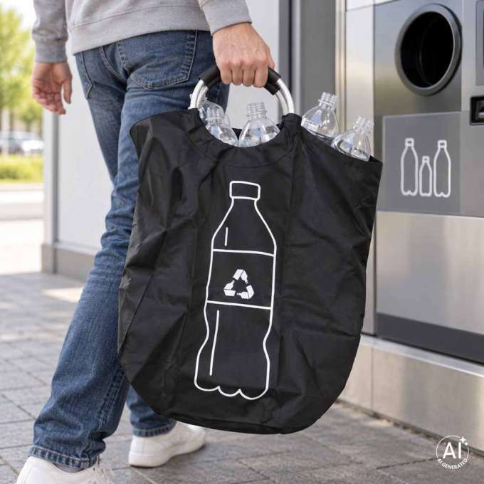 Kosz torba na butelki zwrotne kaucyjne segregacja śmieci recykling