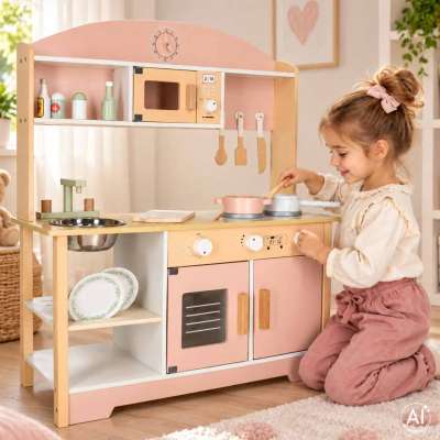 Kuchnia dla dzieci drewniana  MDF MODERN CLASSIC akcesoria 82cm różowa