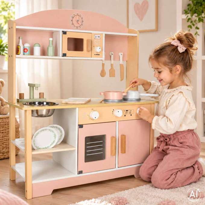 Kuchnia dla dzieci drewniana  MDF MODERN CLASSIC akcesoria 82cm różowa