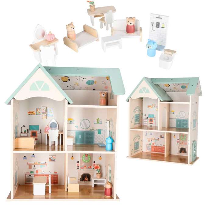 LULILO Wooden Dollhouse with Furniture and Figures 56 cm Mint