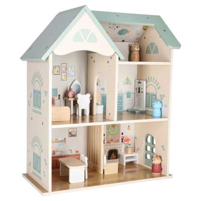 LULILO Wooden Dollhouse with Furniture and Figures 56 cm Mint