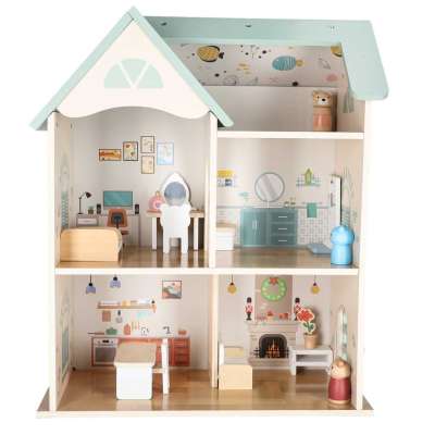 LULILO Wooden Dollhouse with Furniture and Figures 56 cm Mint
