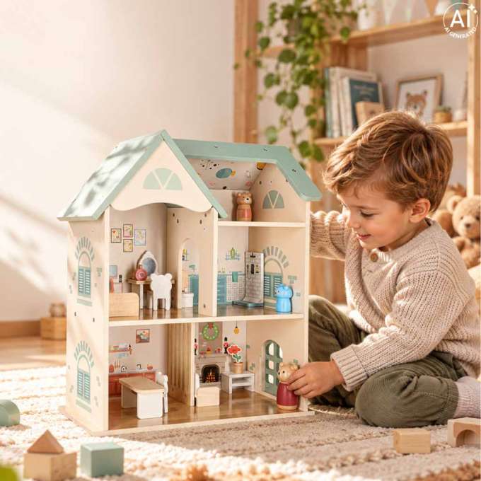 LULILO Wooden Dollhouse with Furniture and Figures 56 cm Mint
