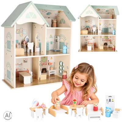 LULILO Wooden Dollhouse with Furniture and Figures 56 cm Mint