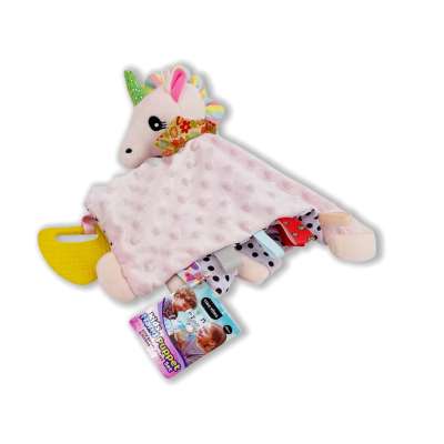 Sensory plush toy blanket teether and unicorn tags