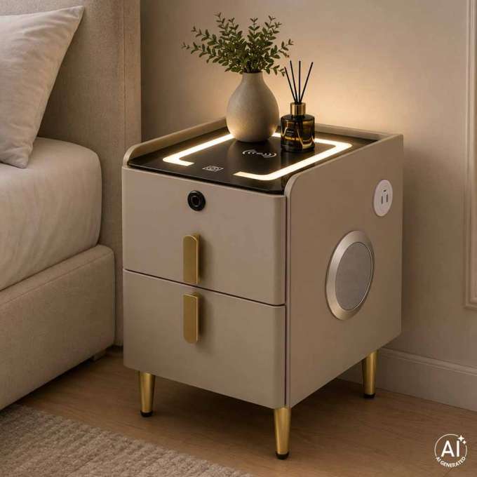 Smart Nightstand with Fingerprint Lock and Wireless Charging Beige