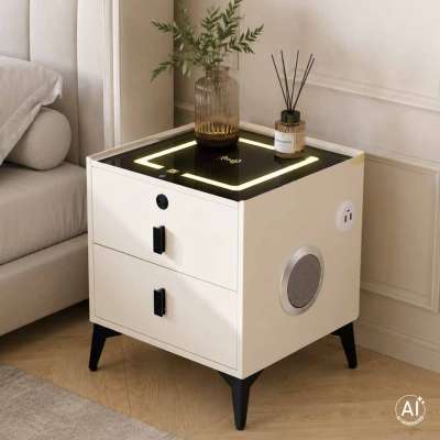 Smart Nightstand with Fingerprint Lock and Wireless Charging Ecru