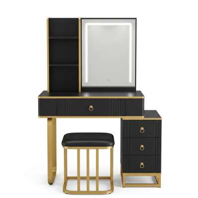 Vanity set with LED mirror lighting cabinet and stool in black and gold