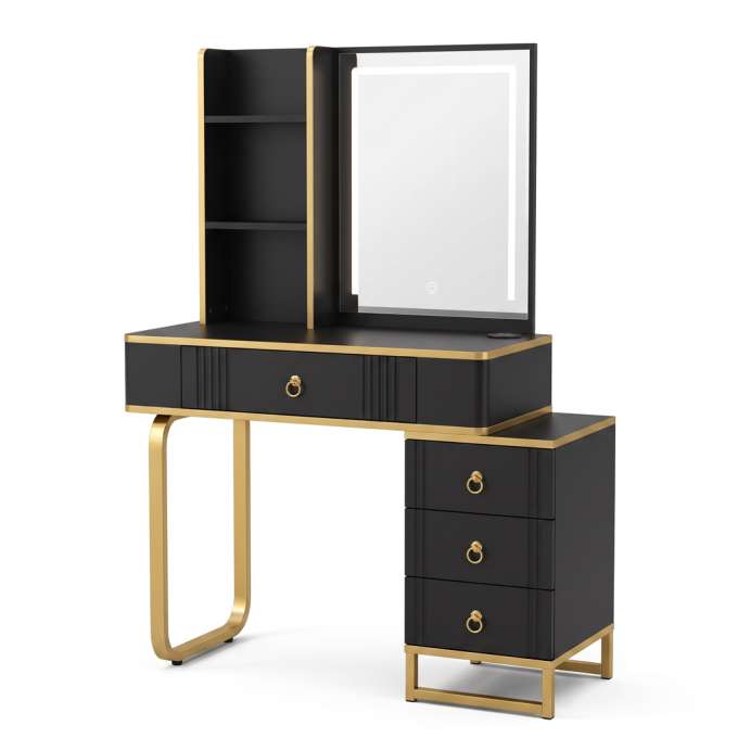Vanity set with LED mirror lighting cabinet and stool in black and gold