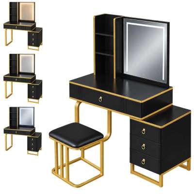 Vanity set with LED mirror lighting cabinet and stool in black and gold