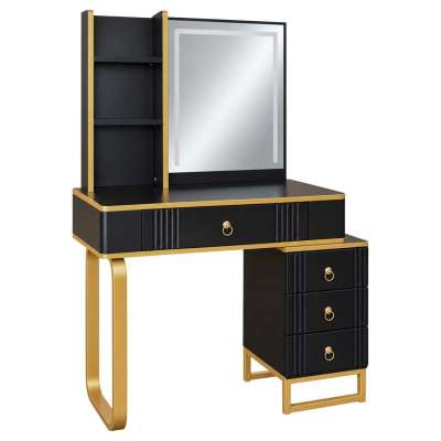 Vanity set with LED mirror lighting cabinet and stool in black and gold