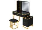 Vanity set with LED mirror lighting cabinet and stool in black and gold 8