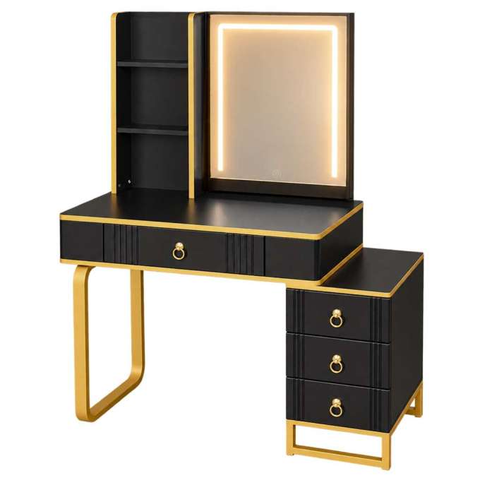 Vanity set with LED mirror lighting cabinet and stool in black and gold