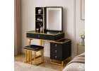 Vanity set with LED mirror lighting cabinet and stool in black and gold 14