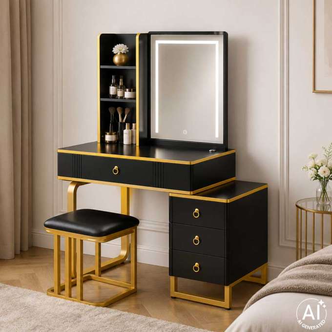 Vanity set with LED mirror lighting cabinet and stool in black and gold