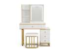 Vanity set with LED mirror lighting cabinet and stool in white and gold 1