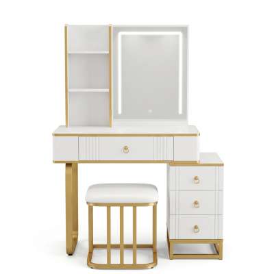Vanity set with LED mirror lighting cabinet and stool in white and gold