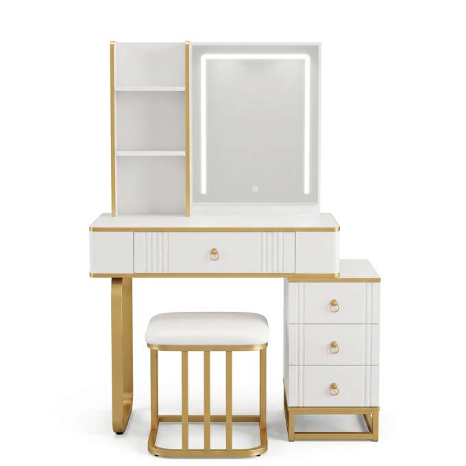 Vanity set with LED mirror lighting cabinet and stool in white and gold