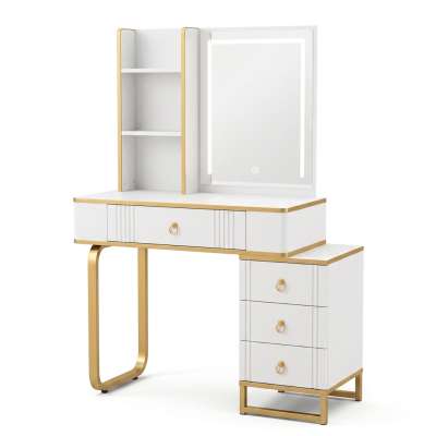 Vanity set with LED mirror lighting cabinet and stool in white and gold