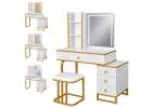 Vanity set with LED mirror lighting cabinet and stool in white and gold 1