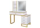 Vanity set with LED mirror lighting cabinet and stool in white and gold 2