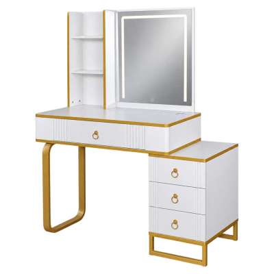 Vanity set with LED mirror lighting cabinet and stool in white and gold