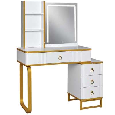 Vanity set with LED mirror lighting cabinet and stool in white and gold