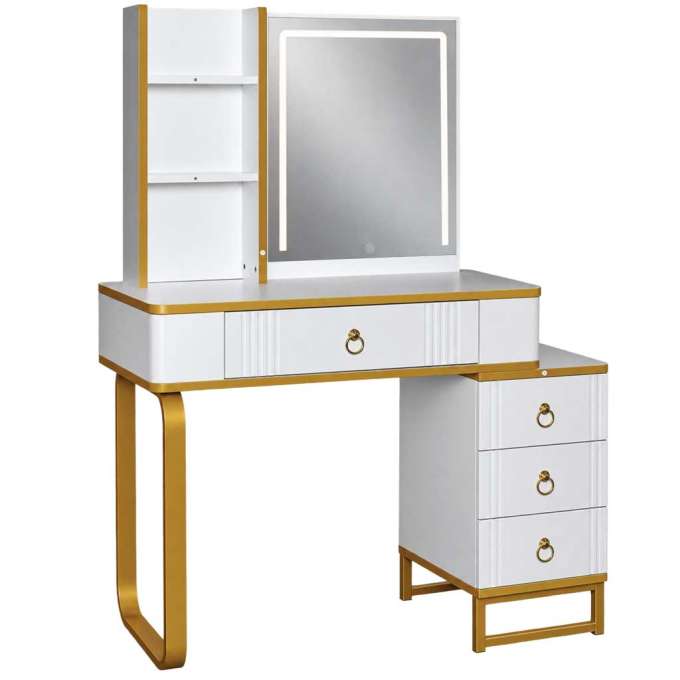 Vanity set with LED mirror lighting cabinet and stool in white and gold