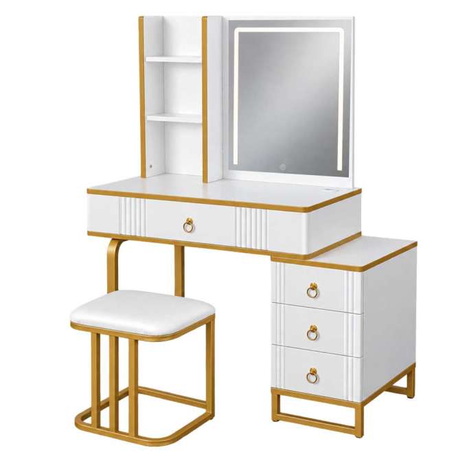 Vanity set with LED mirror lighting cabinet and stool in white and gold