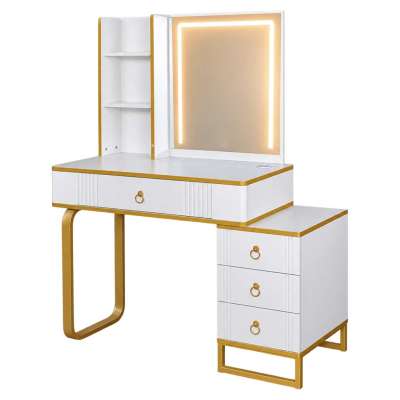 Vanity set with LED mirror lighting cabinet and stool in white and gold