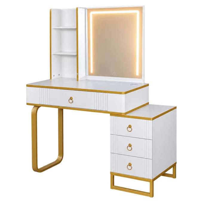Vanity set with LED mirror lighting cabinet and stool in white and gold