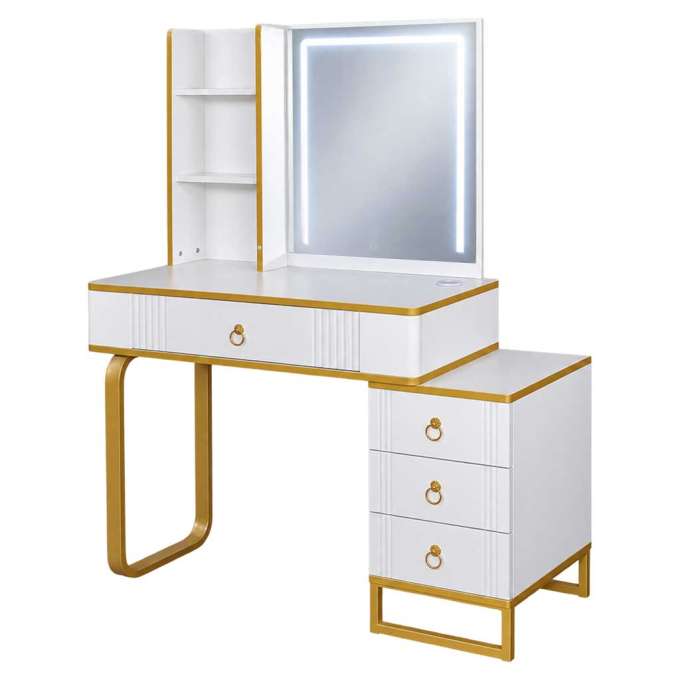 Vanity set with LED mirror lighting cabinet and stool in white and gold
