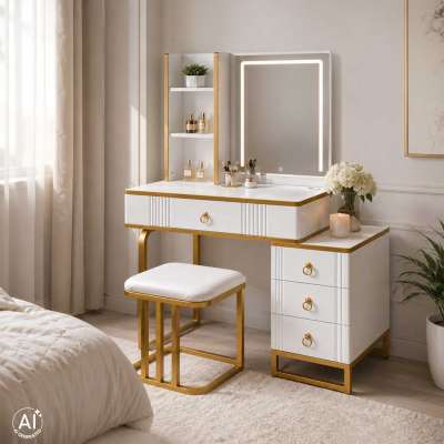 Vanity set with LED mirror lighting cabinet and stool in white and gold