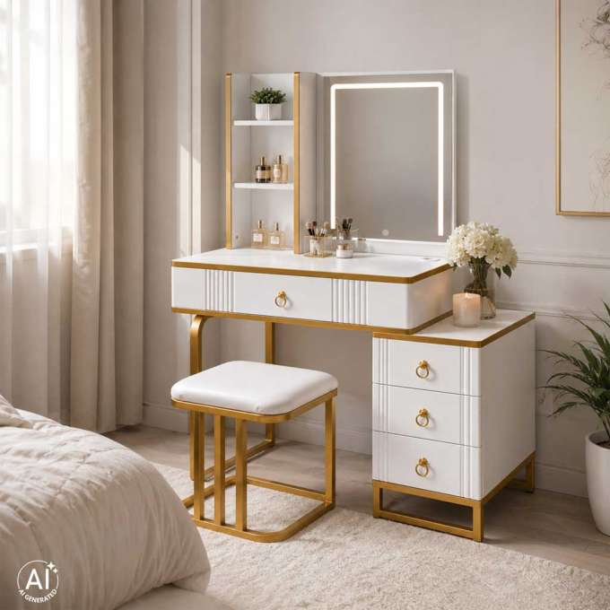 Vanity set with LED mirror lighting cabinet and stool in white and gold