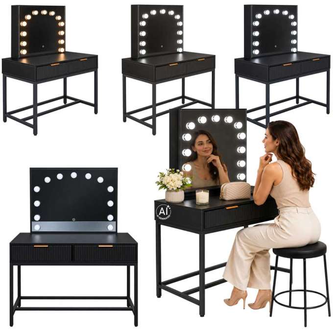 Vanity table with LED mirror 13-bulb lighting and drawers