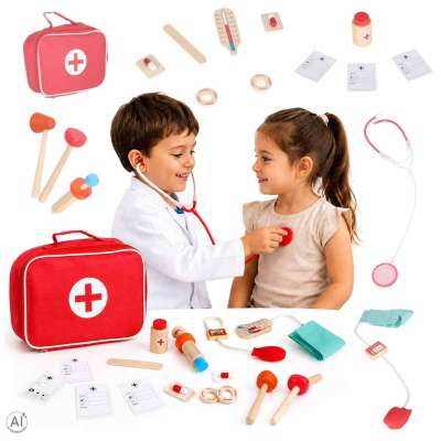 Wooden Doctor's Set Small Doctor's Bag and Accessories