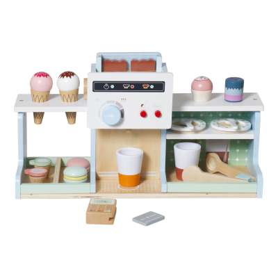 Wooden café and bakery for kids coffee machine cupcakes ice cream desserts