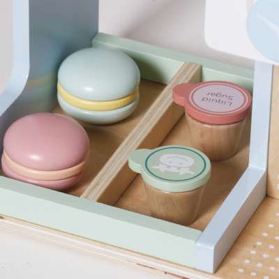 Wooden café and bakery for kids coffee machine cupcakes ice cream desserts