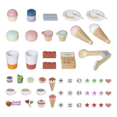 Wooden café and bakery for kids coffee machine cupcakes ice cream desserts