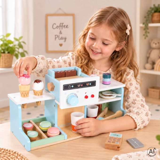 Wooden café and bakery for kids coffee machine cupcakes ice cream desserts
