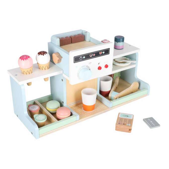 Wooden café and bakery for kids coffee machine cupcakes ice cream desserts