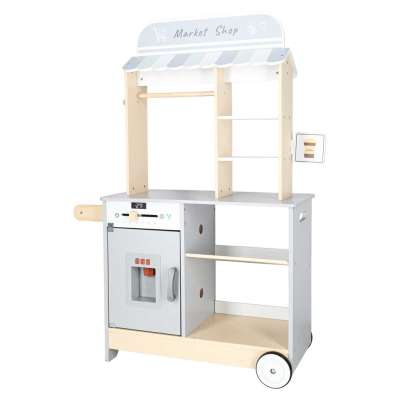 Wooden market stall food truck with a wheeled ice cube maker