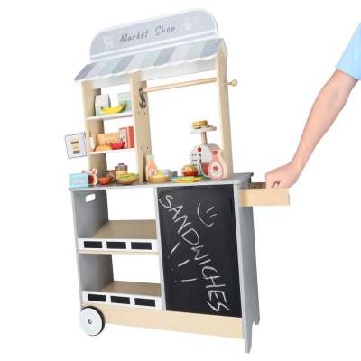 Wooden market stall food truck with a wheeled ice cube maker