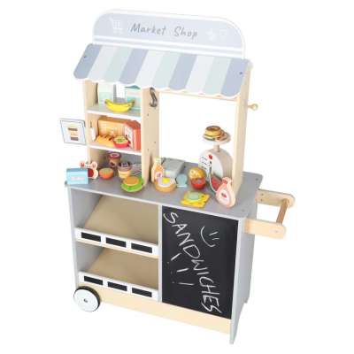 Wooden market stall food truck with a wheeled ice cube maker