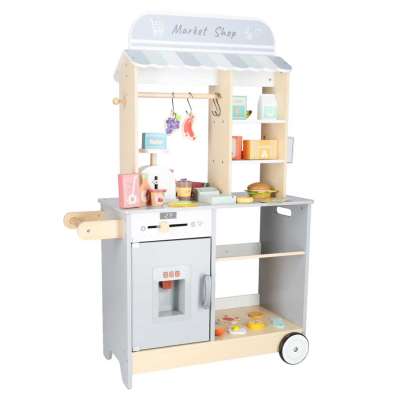 Wooden market stall food truck with a wheeled ice cube maker
