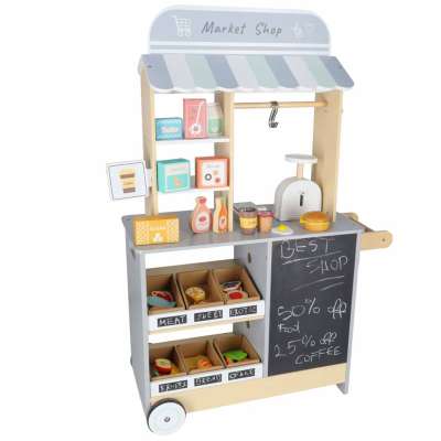 Wooden market stall food truck with a wheeled ice cube maker