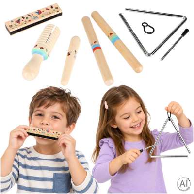 Wooden musical instruments for children triangle drumsticks harmonica grater