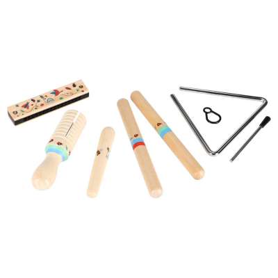 Wooden musical instruments for children triangle drumsticks harmonica grater