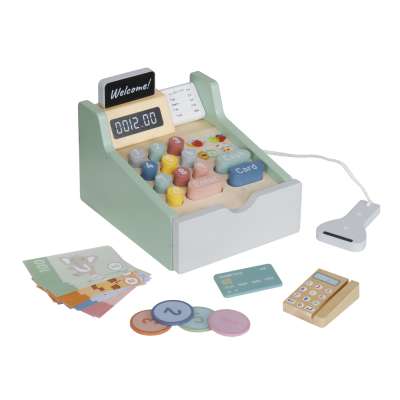 Wooden toy cash register for kids with scanner