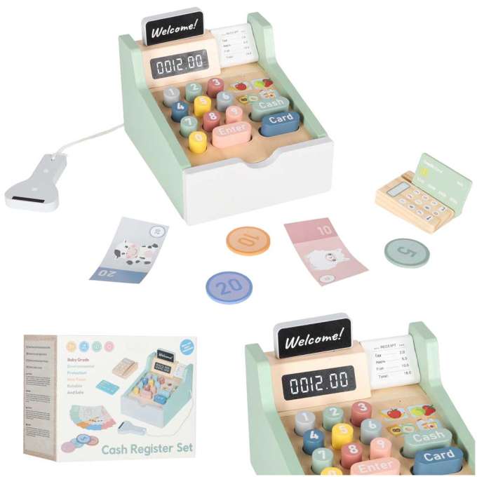 Wooden toy cash register for kids with scanner
